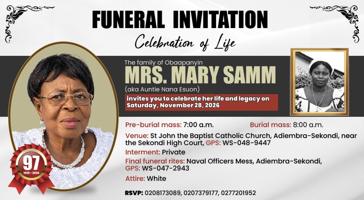 Funeral invitation for Obaapanyin Mrs. Mary Samm, Saturday November 28, 2026